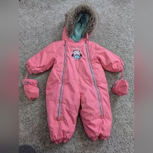 Pink infant girls OshKosh one piece snowsuit with faux fur hood